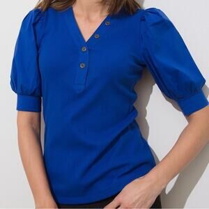 Chico's Ribbed Henley Smock Sleeve Tee Rich Cobalt Blue XL or 3